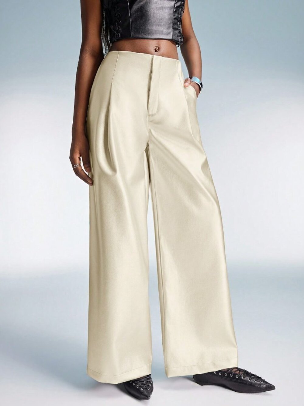Beige Casual Women's Waist Cinched Wide Leg Straight Pants - Picture 5 of 5